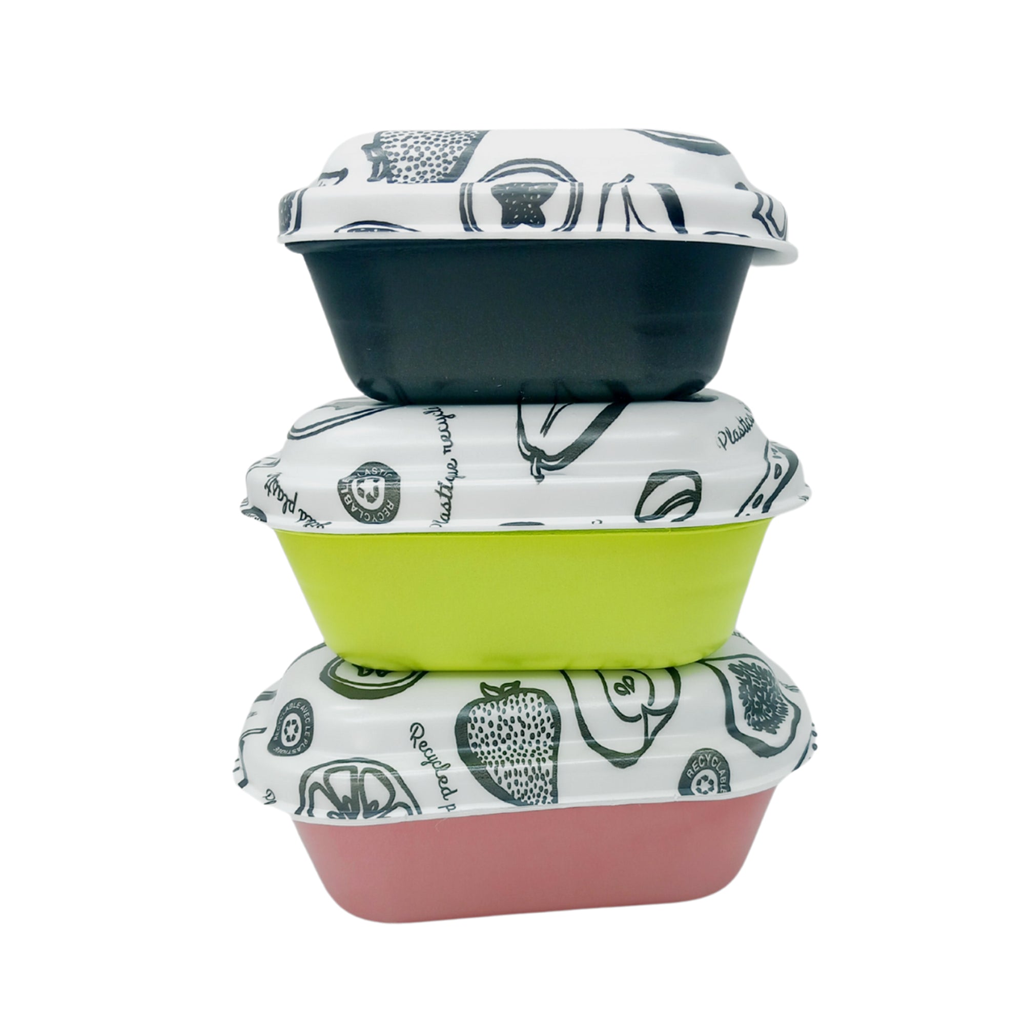 Vaschetta gelato con base verde, una nera, una prugna e coperchio bianco e nero a fantasia frutti impilate