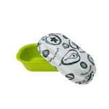 Vaschetta per gelato base verde e coperchio bianco con immagini nere semi aperta