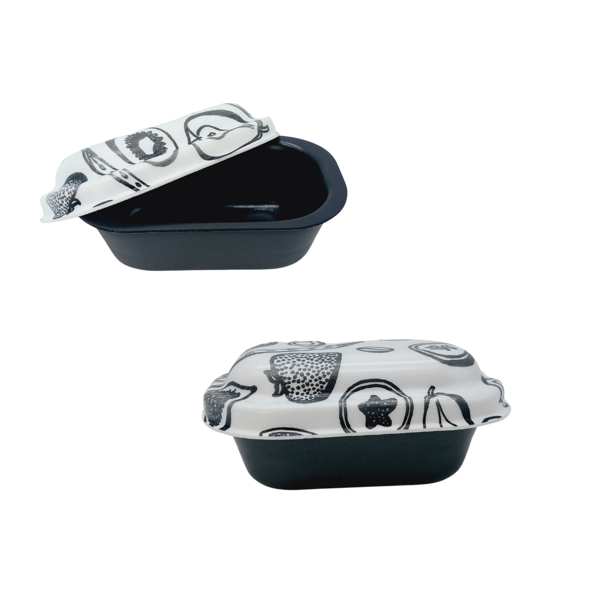 Vaschetta per gelato base nera e coperchio bianco con immagini nere, una chiusa ed una semi aperta