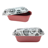 Vaschetta per gelato base prugna e coperchio bianco con immagini nere, una chiusa ed una semi aperta