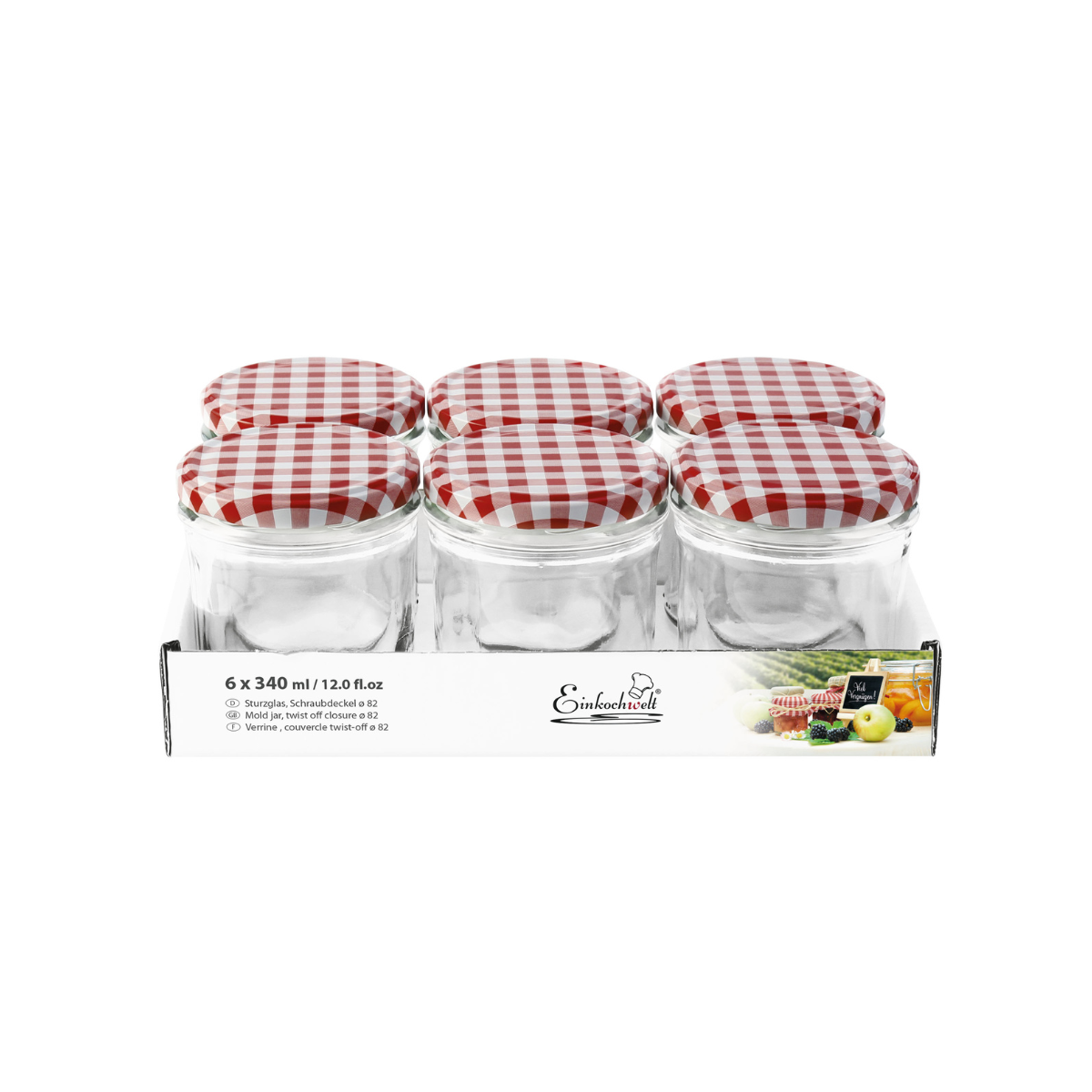 Set di sei barattoli di vetro con coperchio a scacchi bianchi e rossi