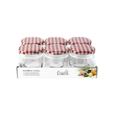 Set di sei barattoli di vetro con coperchio a scacchi bianchi e rossi