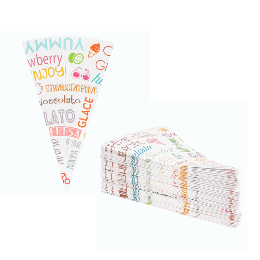 Cono per gelato, con grafica parole aperto e steso impilato