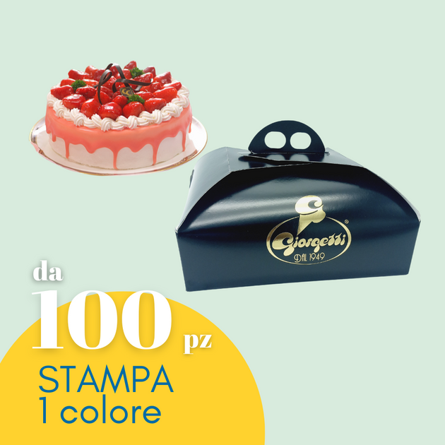 Porta torta personalizzata con il tuo logo, nera. Dietro c'è una torta