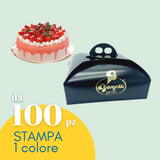 Porta torta personalizzata con il tuo logo, nera. Dietro c'è una torta