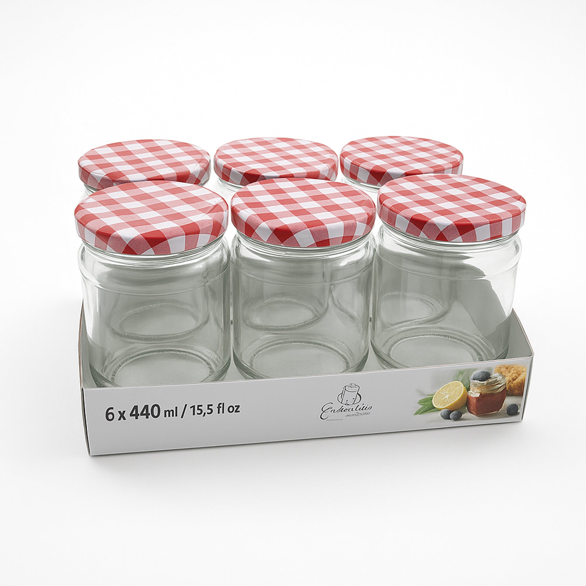 Barattoli di vetro, sei, con coperchio a scacchi bianchi e rossi, nella loro confezione
