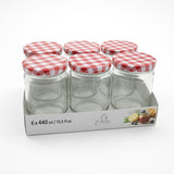 Barattoli di vetro, sei, con coperchio a scacchi bianchi e rossi, nella loro confezione