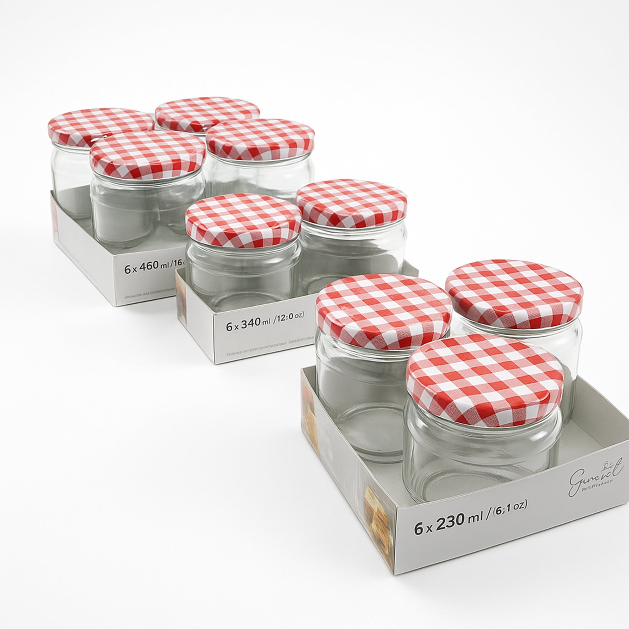 Barattoli di vetro, di diverse misure in confezioni da due, da tre e da 4, con coperchio a scacchi bianchi e rossi