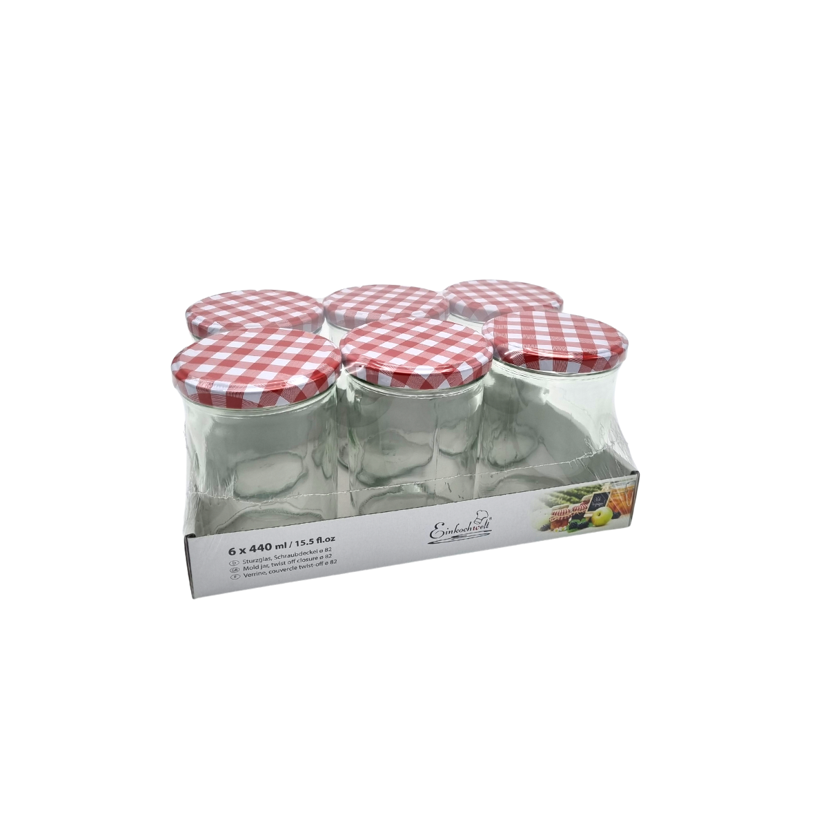 Set di sei vasetti di vetro con tappo a quadretti rossi