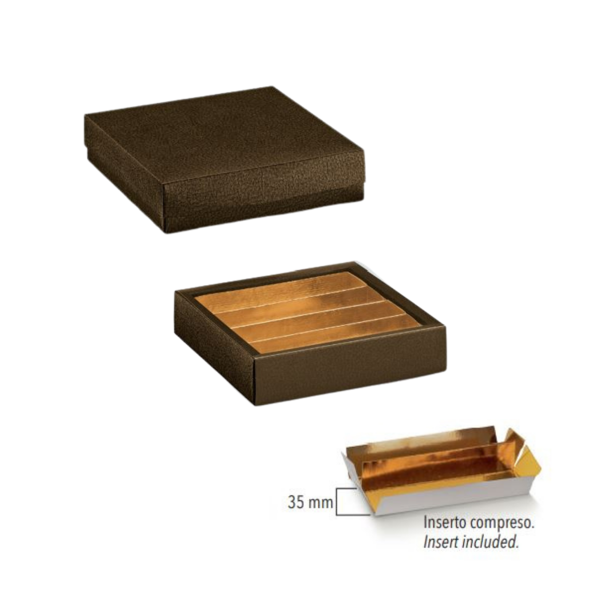 Scatola simil pelle marrone con coperchio e inserto dorato