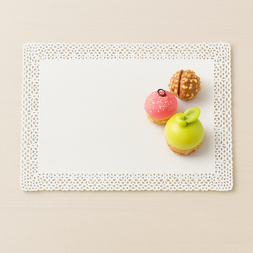 Carta pizzo bianca stesa con sopra tre pasticcini colorati