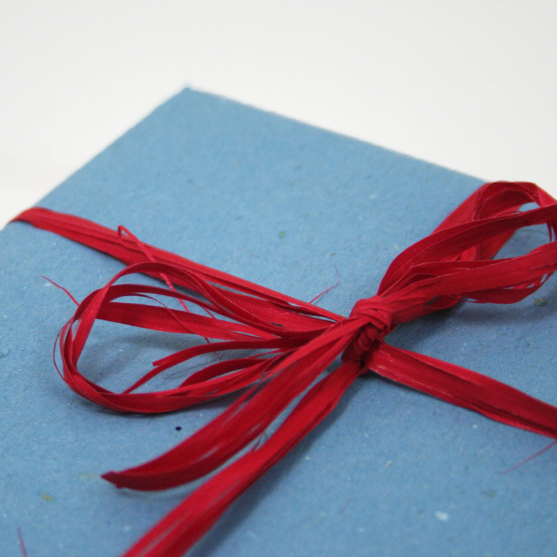 Dettaglio di pacco chiuso con carta azzurra e fiocco rosso