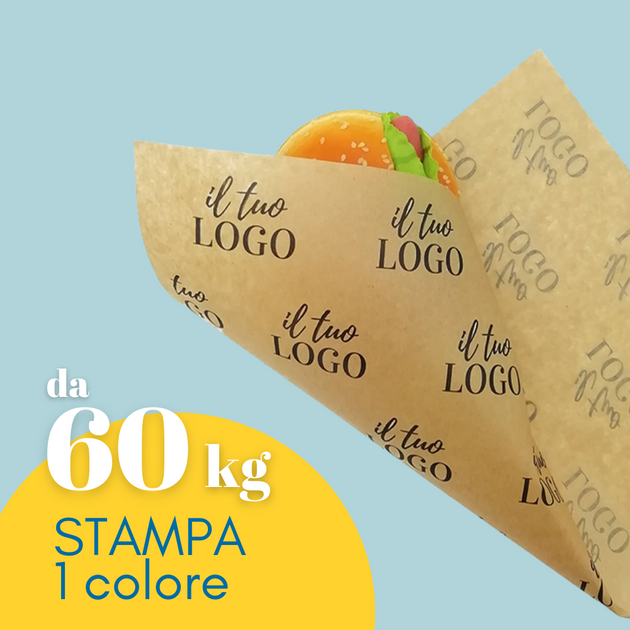 Carta oleane personalizzata con il tuo logo, che avvolge un hamburger. Scritta in primo piano da 60 kg stampa 1 colore