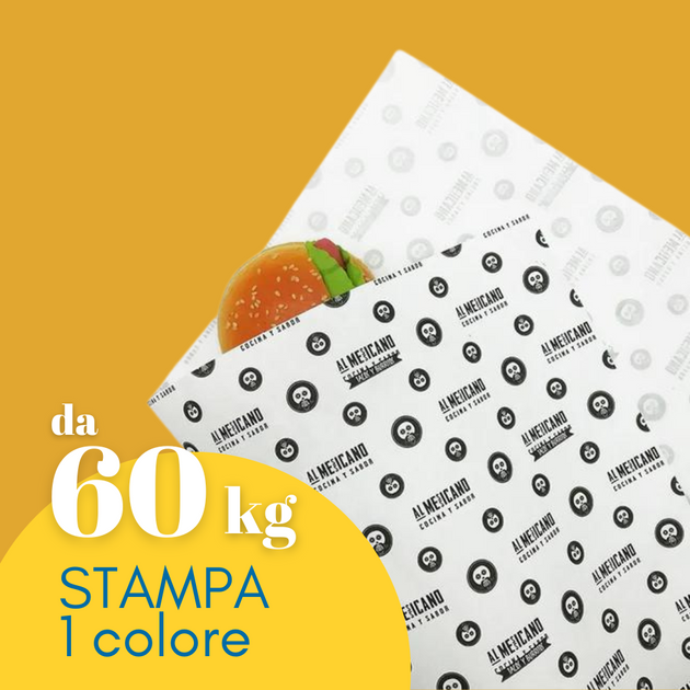Carta oleata personalizzata con il tuo logo, che avvolge un hamburger. Scritta in primo piano da 60 kg stampa 1 colore