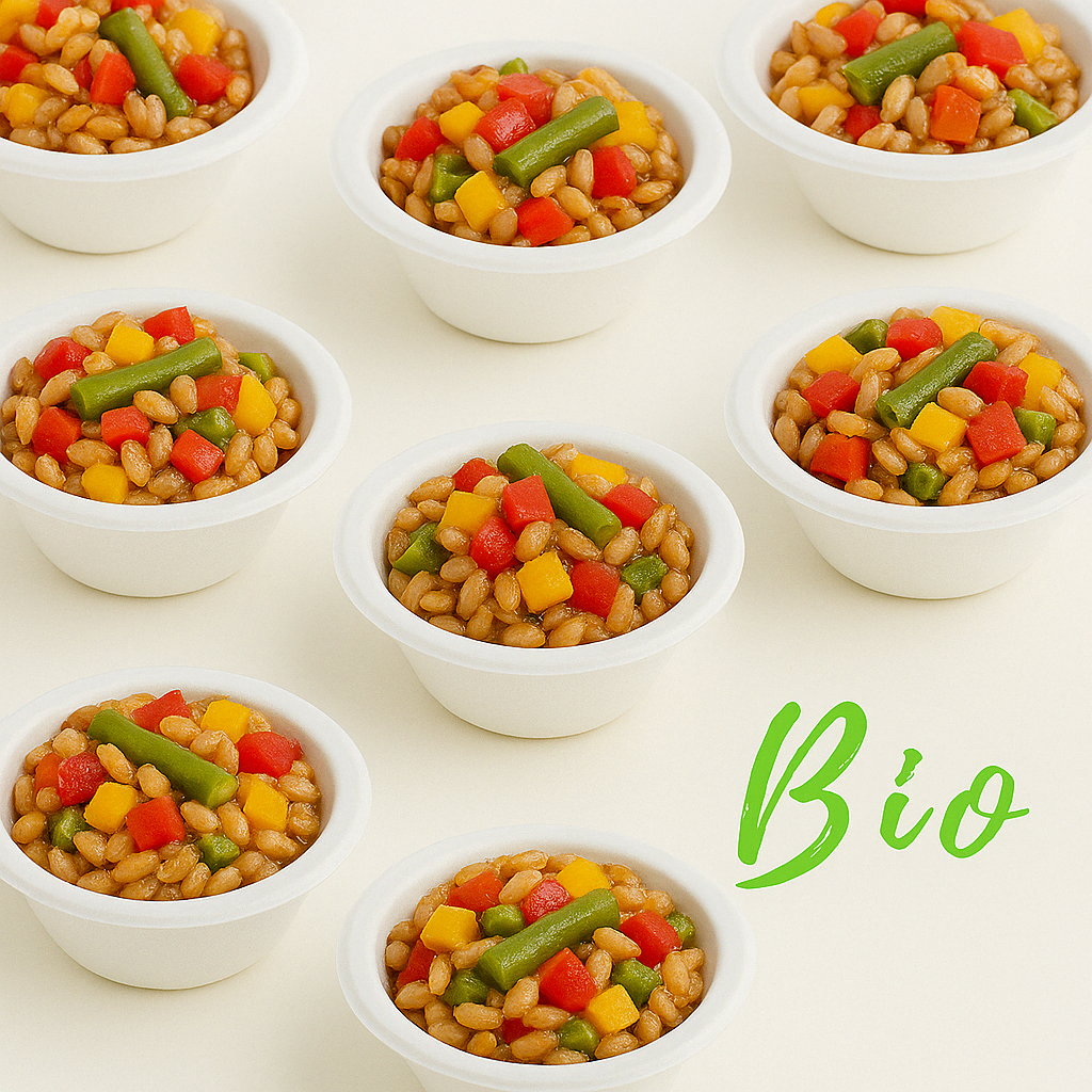 Coppette bianche monoporzione ripiene di insalata di farro. Scritta BIO