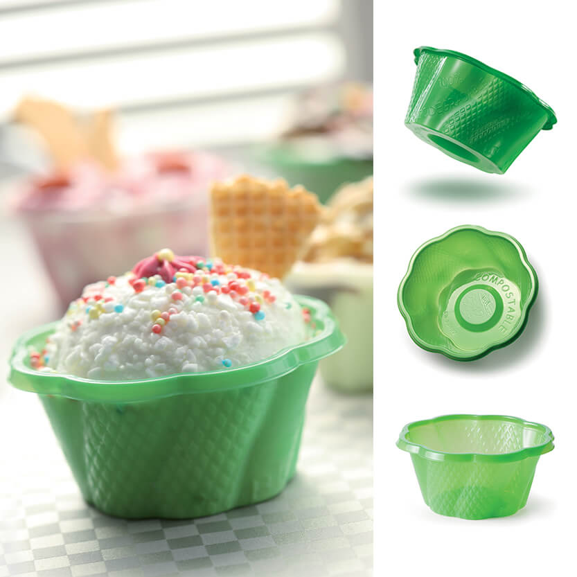 Coppette Gelato biodegradabili colorate di verde, mostrata da tre prospettive vuota e una piena