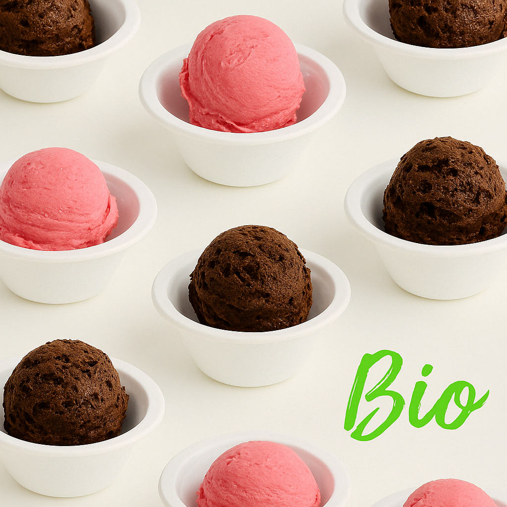 Coppette da gelato, bio, bianche, mostrate con con palline di gelato dentro (cioccolata e fragola). Scritta verde BIO