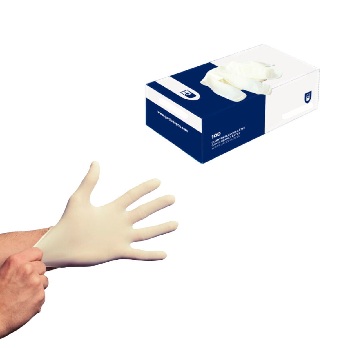 Mano che indossa un guanto in lattice bianco e scatola che li contiene