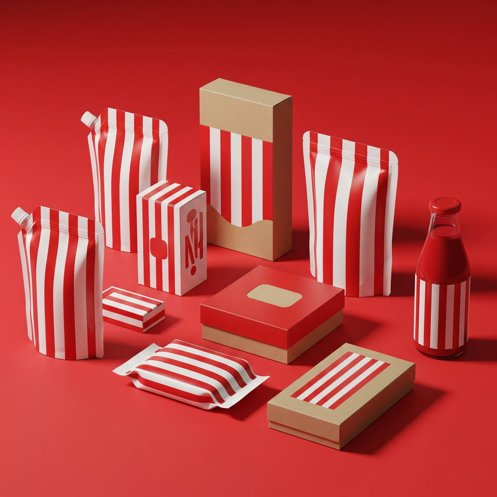 Packaging sul rosso varie forme e dimensioni
