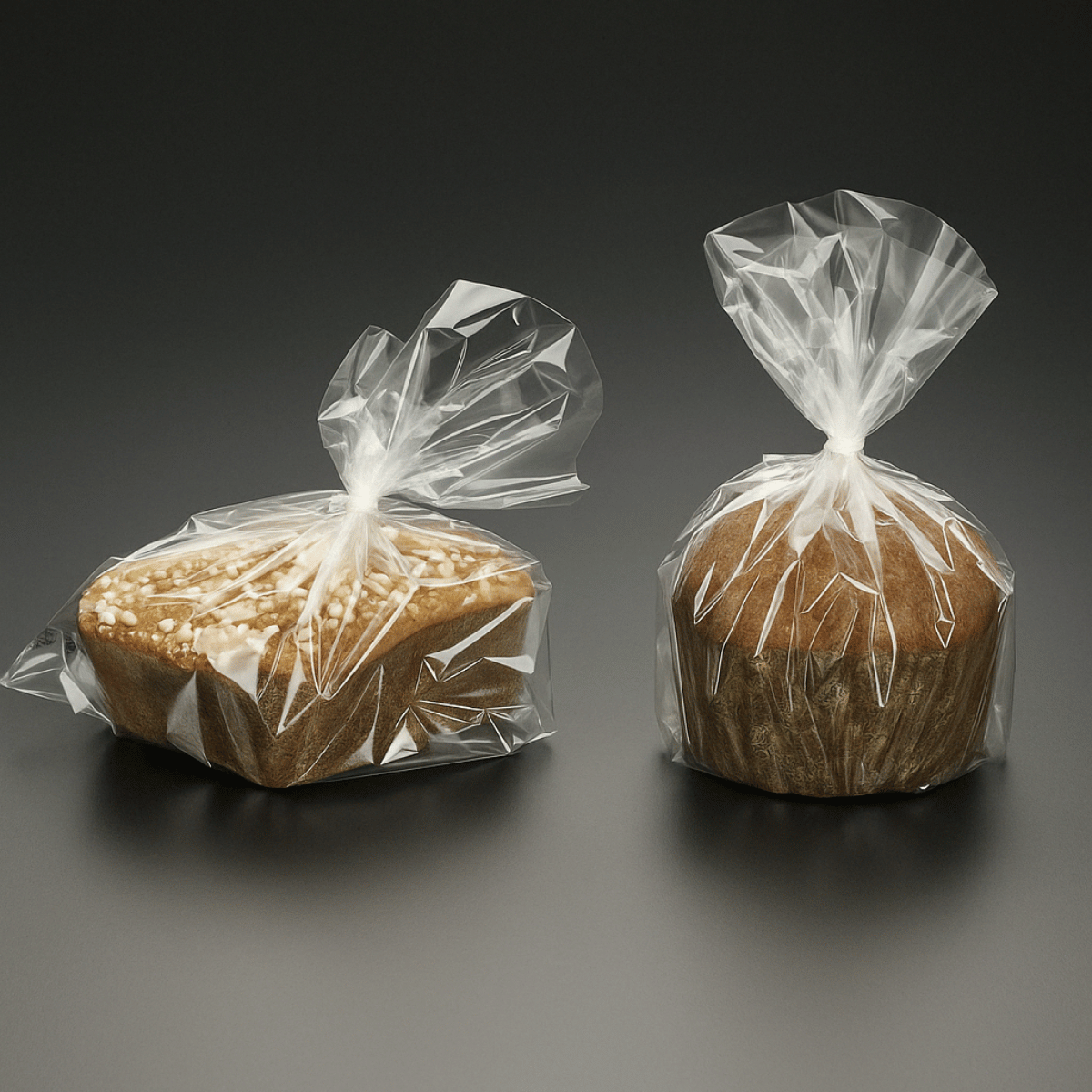 Sacchetti cristal trasparenti, per alimenti; uno avvolge un panettone, uno una colomba pasquale