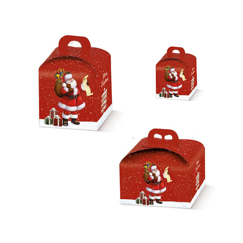 Scatola per panettoni con immagine di babbo natale mostrata nelle sue varie dimensioni
