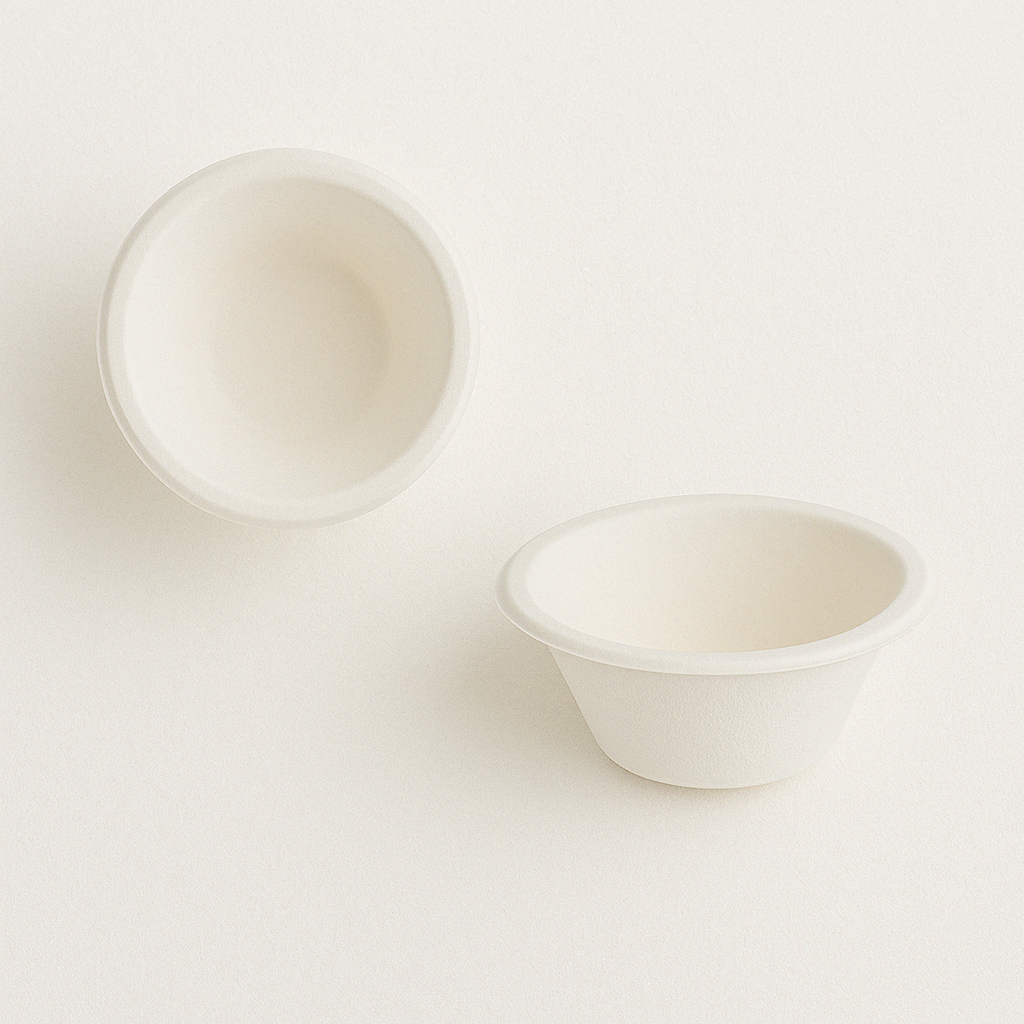 Vaschetta bianca per monoporzioni, ripresa dall'alto e di lato