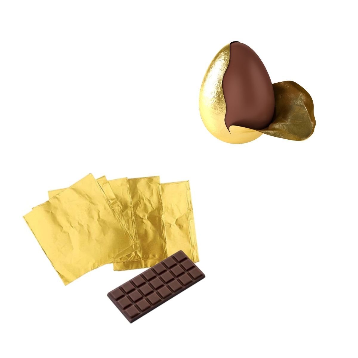 Carta oro per cioccolato, vicino ad una barretta di cioccolato e su un uovo di pasqua