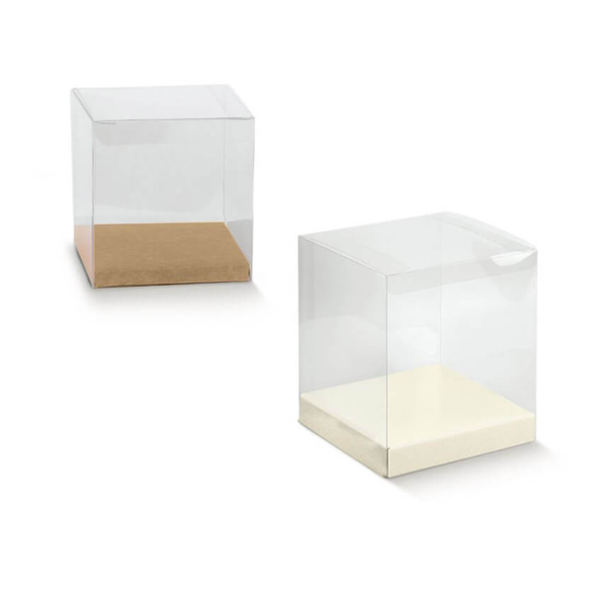 Scatole di plastica, due, trasparenti, una con base avana ed una base bianca