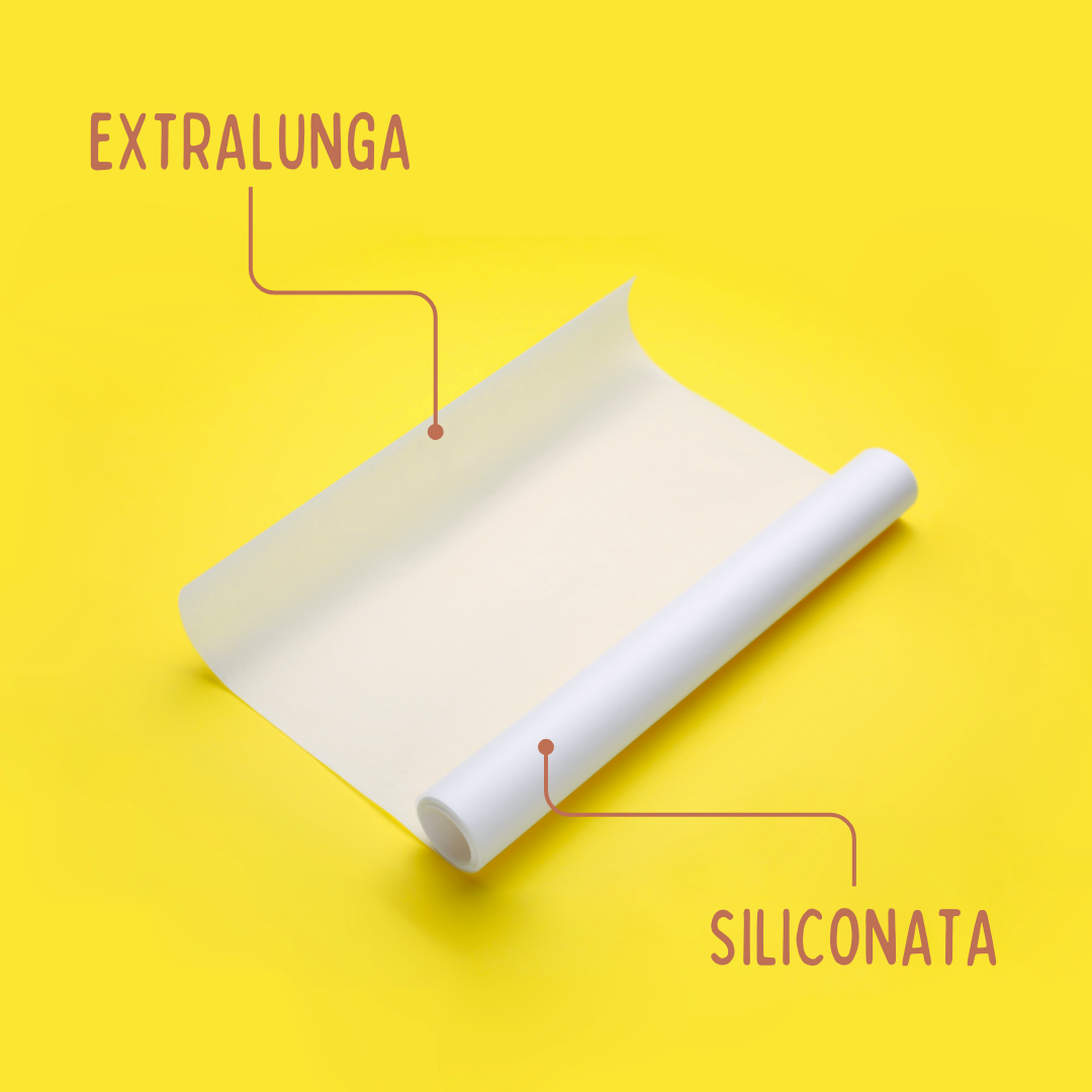 Carta forno siliconata, su sfondo giallo, e scritte sue caratteristiche 