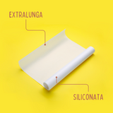 Carta forno siliconata, su sfondo giallo, e scritte sue caratteristiche 