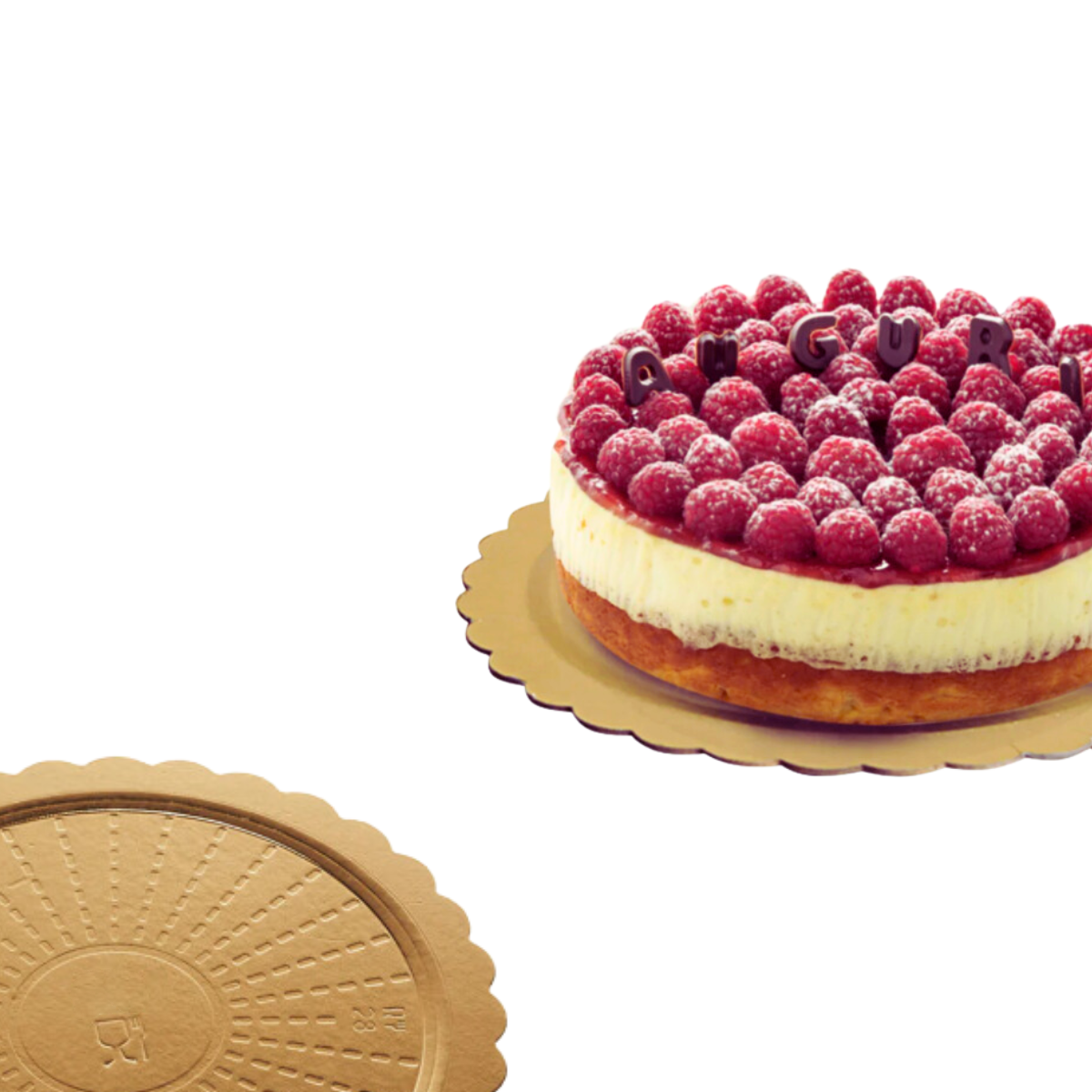 Torta con disco dorato e particolare di un disco dorato sottotorta