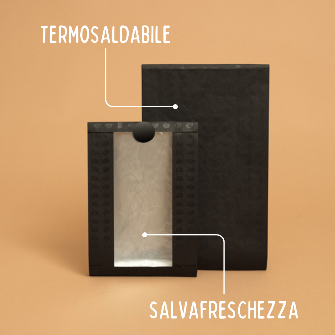 Sacchetto salva freschezza nero, due varianti, sfondo color salmone e scritte caratteristiche