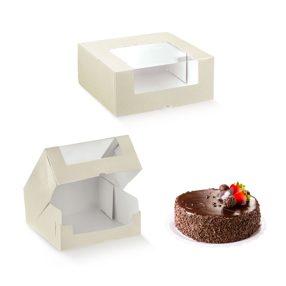 Scatola cartone bianco per torta  con finestra, mostrata chiusa ed aperta vicino ad una torta di cioccolato