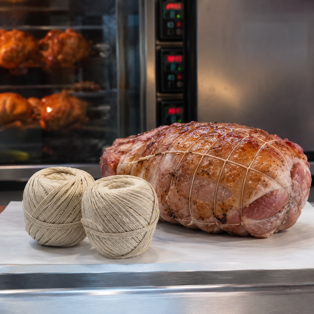 Arrosto legato con spago e due gomitoli di spago accanto, sul tavolo di una rosticceria