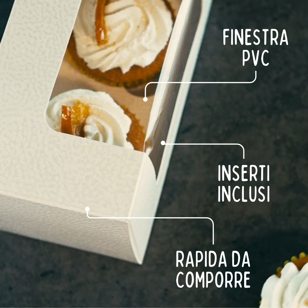 Dettaglio scatola bianca porta muffin con finestra e scritte sue caratteristiche 