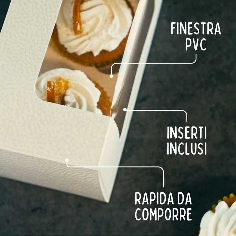 Dettaglio scatola bianca porta muffin con finestra e scritte sue caratteristiche 