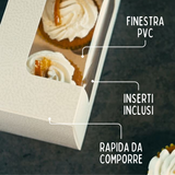 Dettaglio scatola bianca porta muffin con finestra e scritte sue caratteristiche 