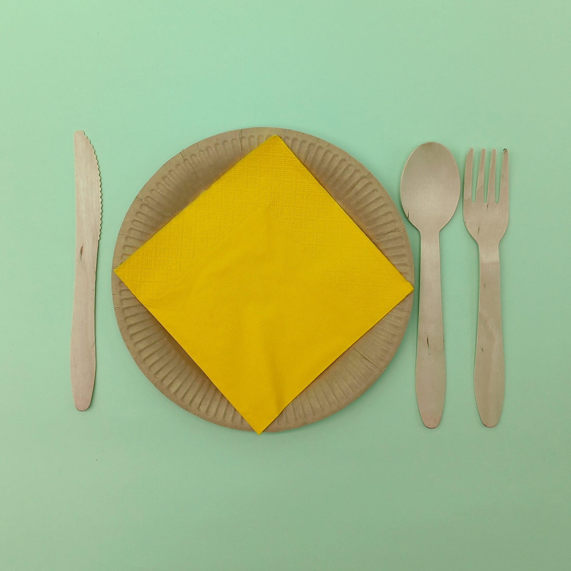 Apparecchiatura con piatto carta avana, tovagliolo di carta giallo e posate di legno. Vista da sopra 