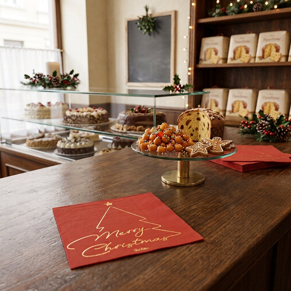 Tovagliolo rosso con scritta dorata Merry christmas su tavolino di una pasticceria 