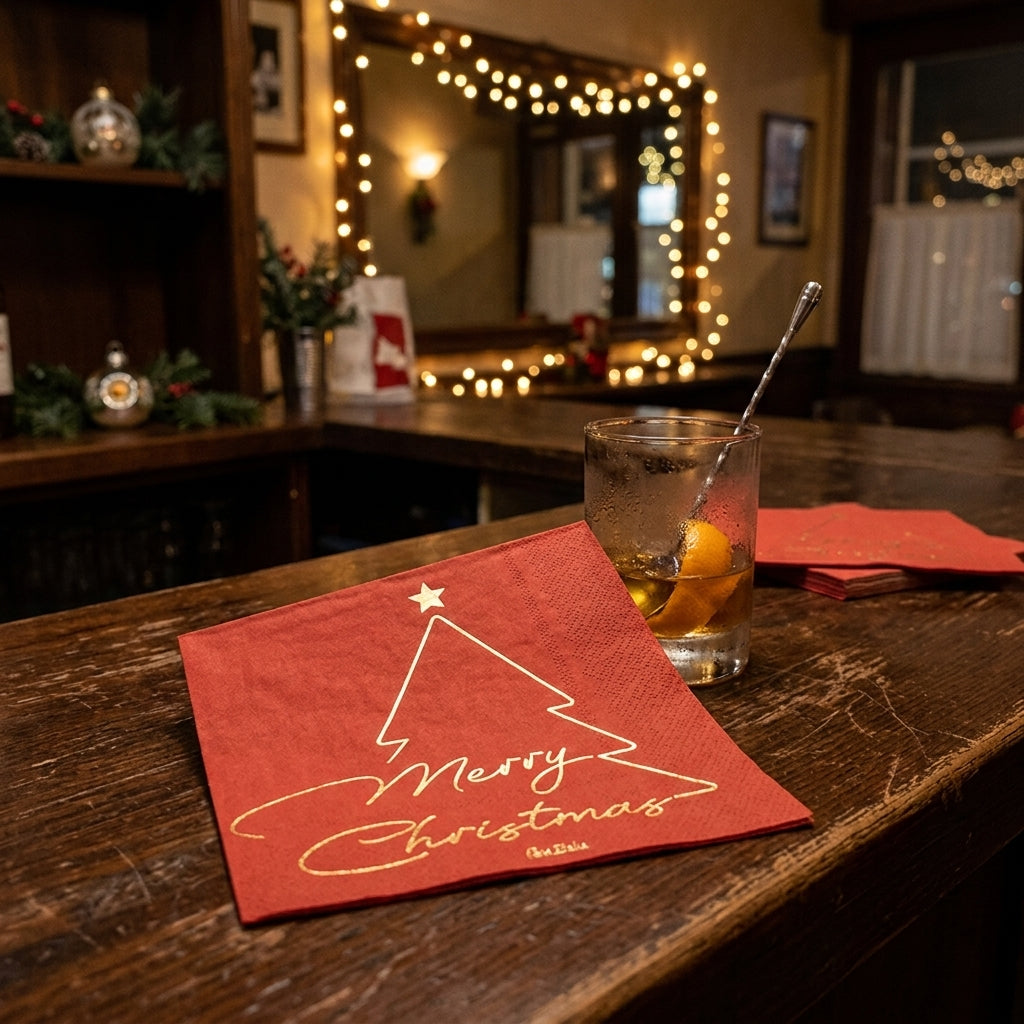Tovagliolo rosso con scritta dorata Merry christmas su tavolino di un bar