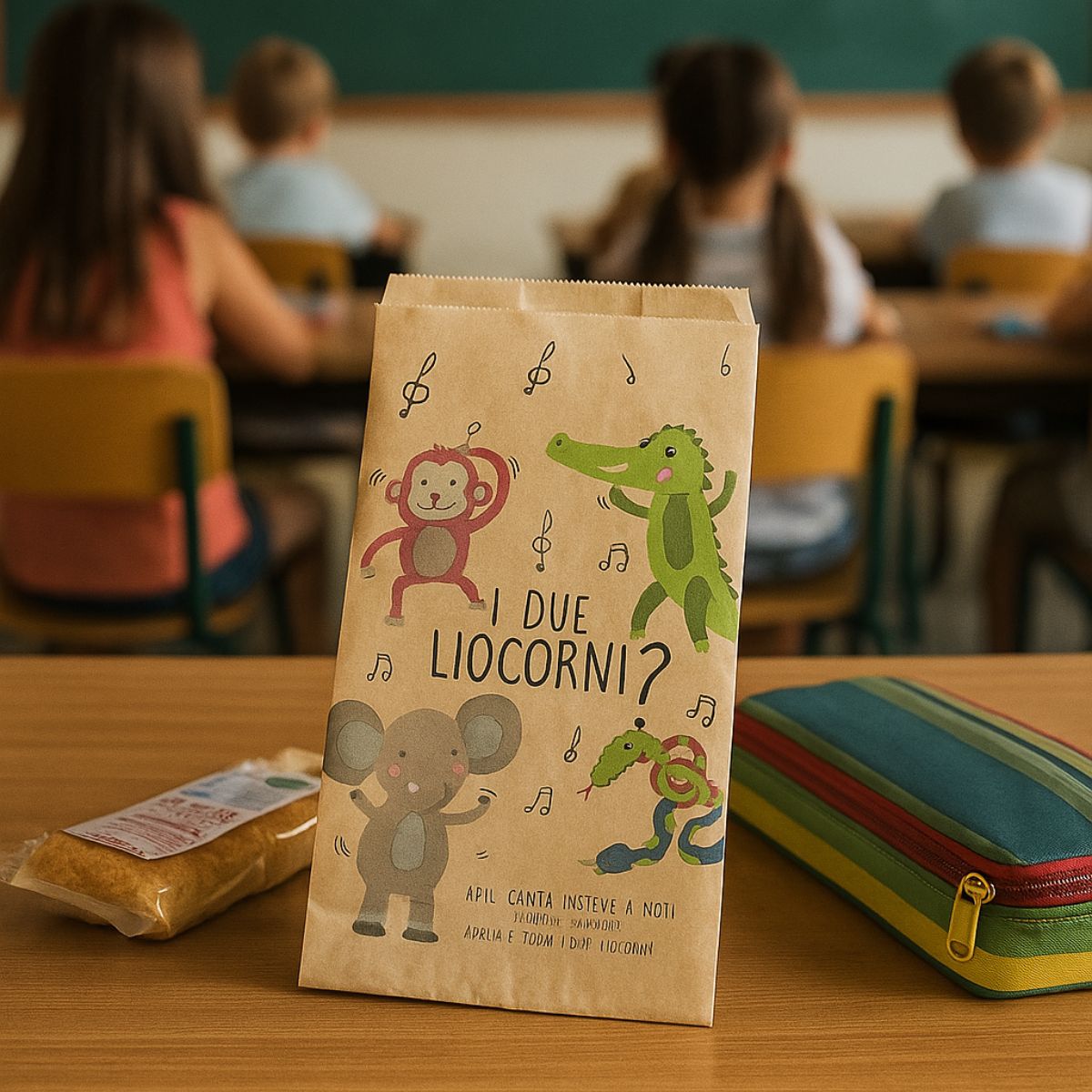 Sacchetto con fantasie per bambini, su un banco in una classe vicino ad una merendina e ad un astuccio 