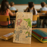 Sacchetto con fantasie per bambini, su un banco in una classe vicino ad una merendina e ad un astuccio 