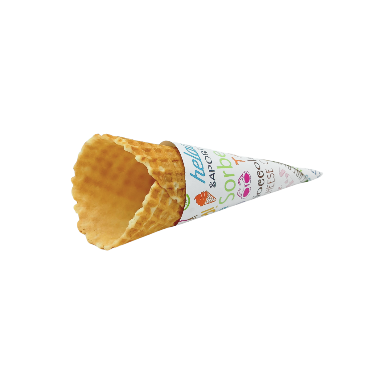 Cono di carta per cono gelato con stampa parole, con un cono dentro