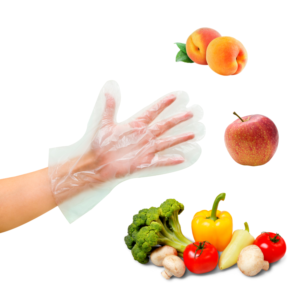 Guanto trasparente su mano, intorno ci sono frutta e verdura