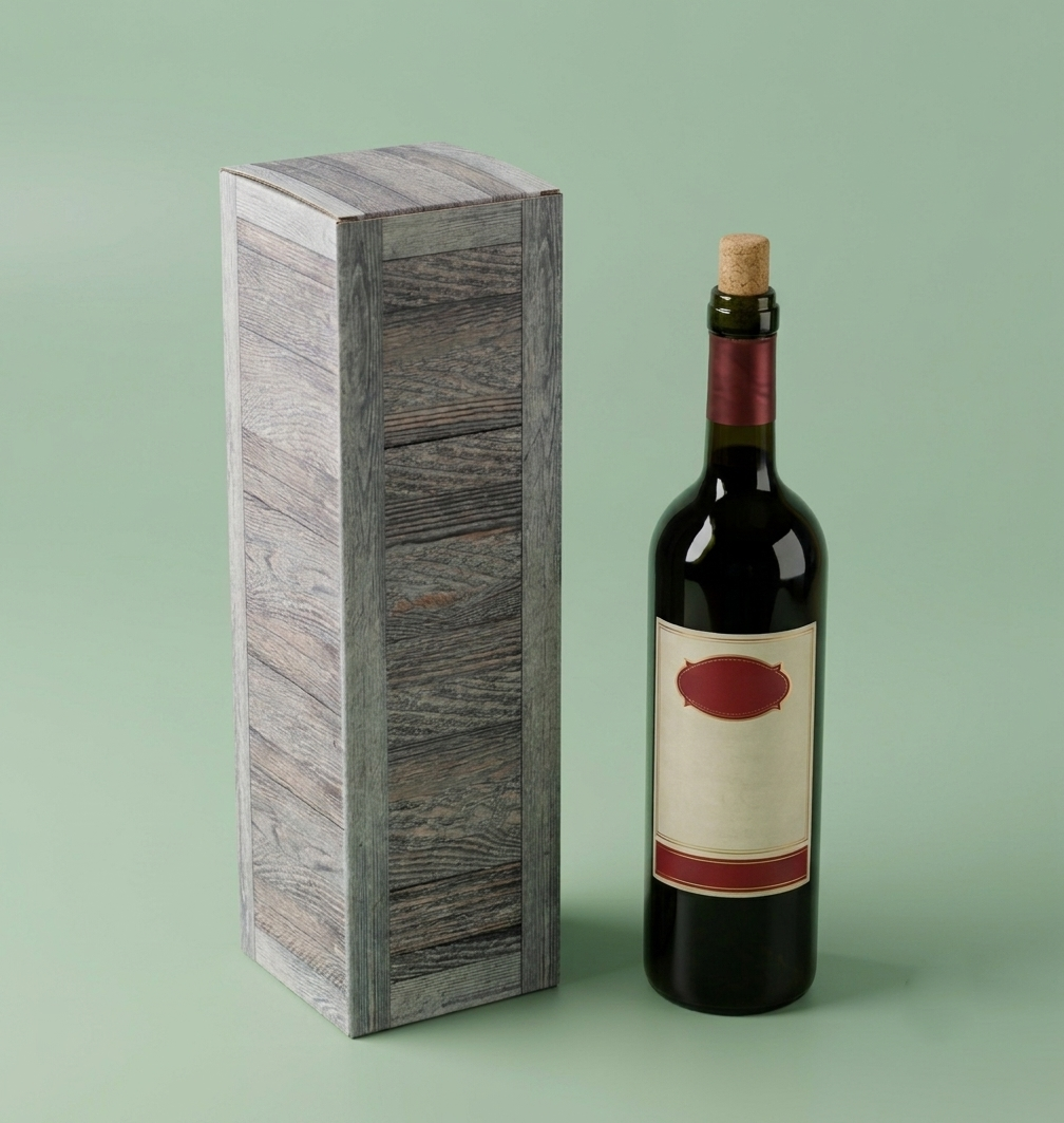 Scatola in cartone porta bottiglia con fantasia legno ed una bottiglia di vino rosso