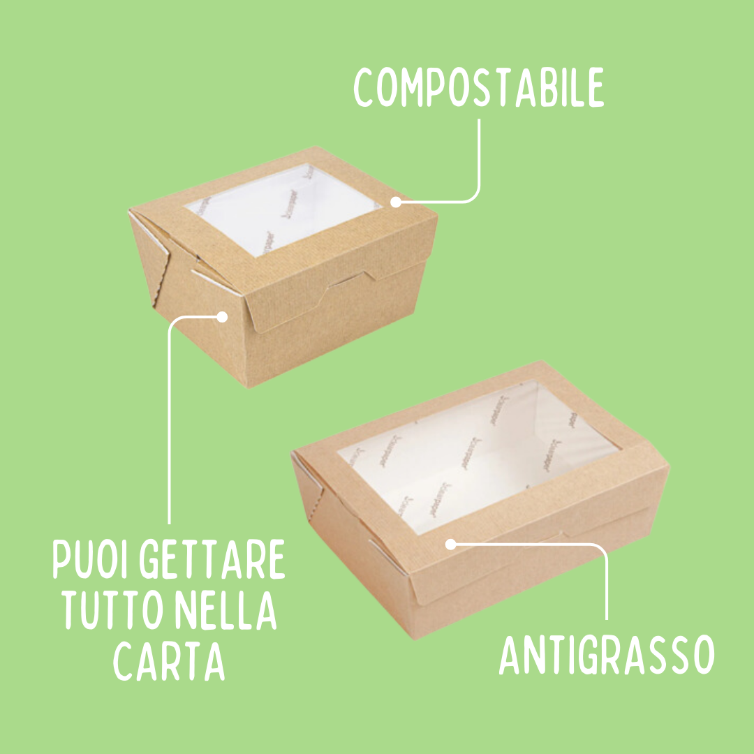 Vaschetta color avana con finestra , due, su sfondo verde e scritte caratteristiche