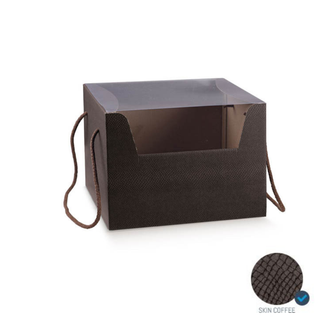 Scatola di cartone con finestra e manici in cordoncino skin coffee