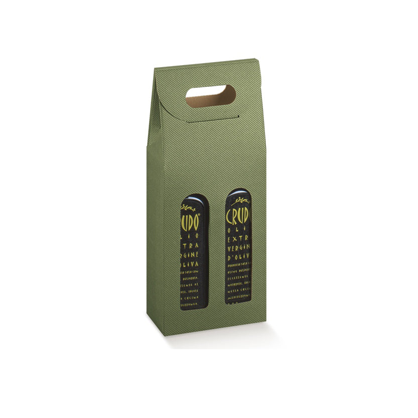 Confezione di cartone con due finestre, color verde, per bottiglie d'olio