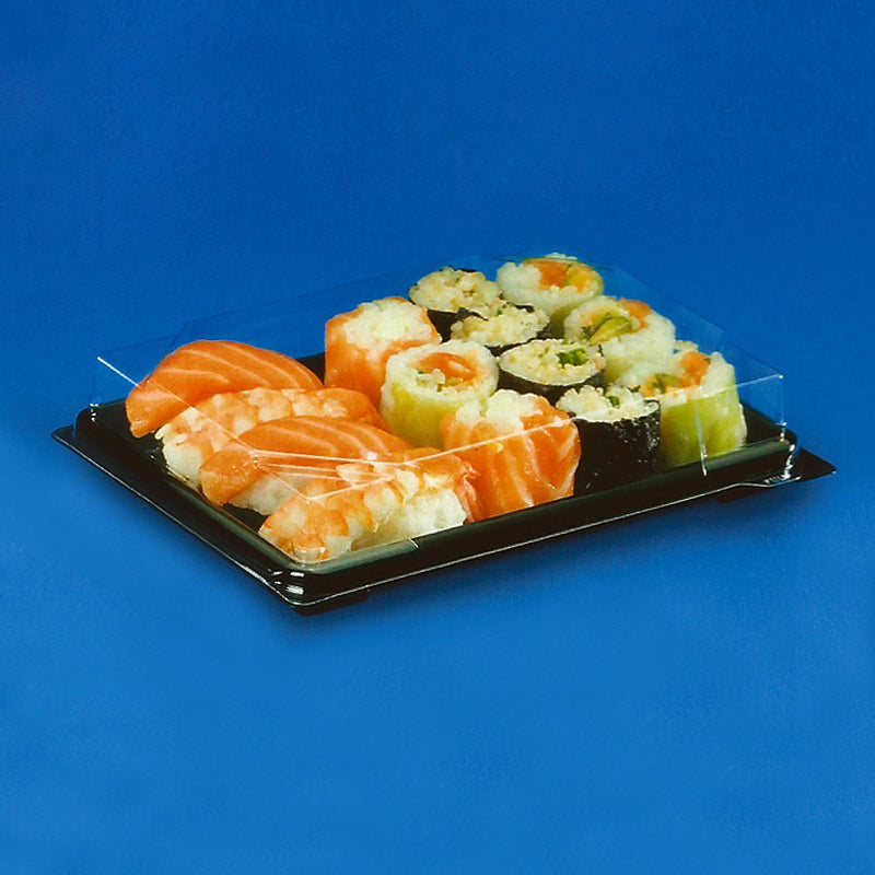 Vaschetta per sushi, base nera e coperchio trasparente, piena di sushi e sashimi