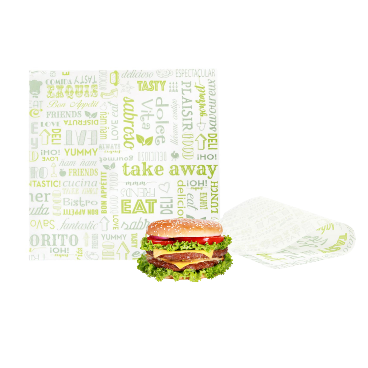 Carta alimentare per panini bianca con scritte verdi ed un panino 